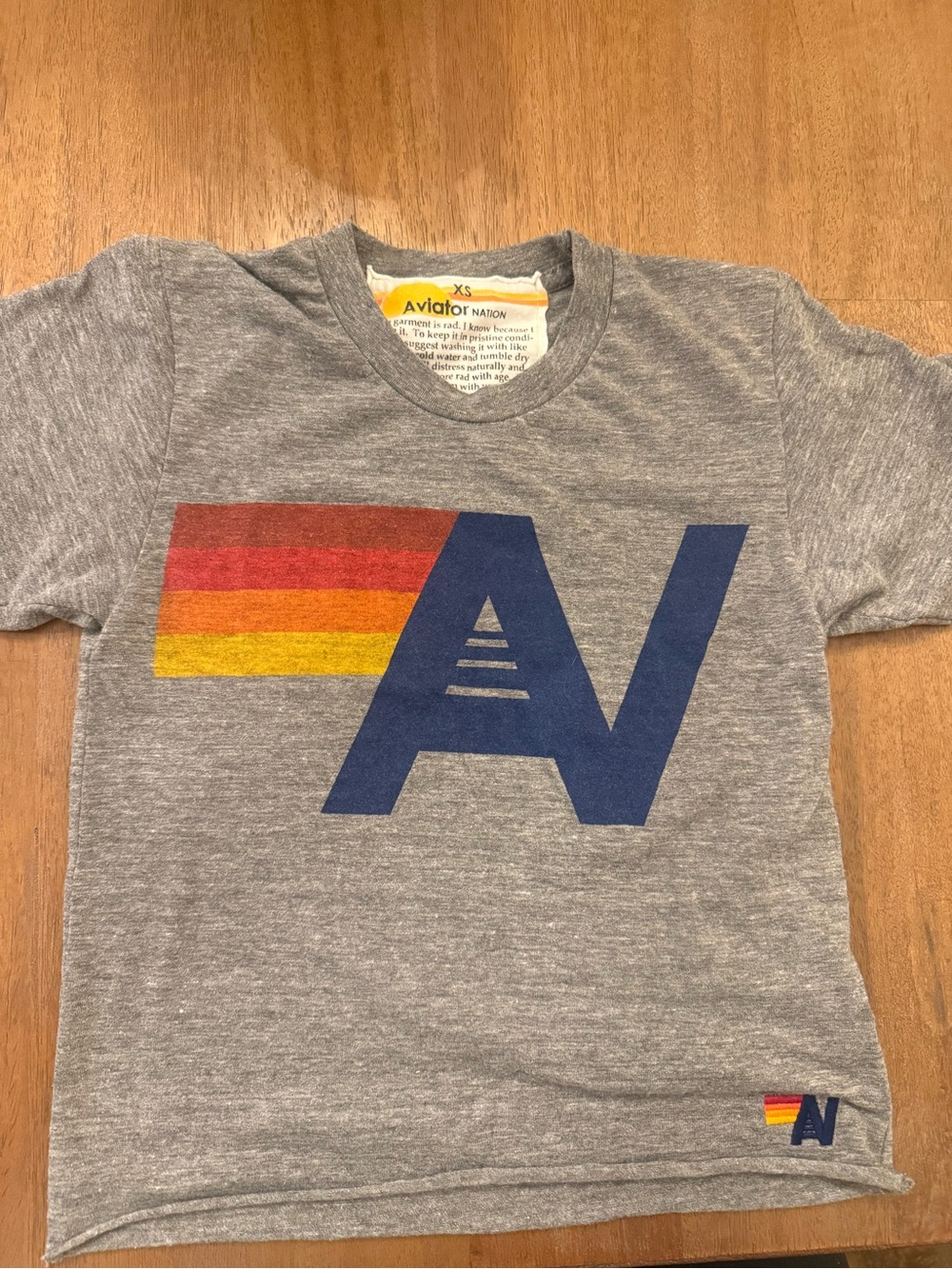 Aviator Nation Heather Gray Tee with Navy Logo & Rainbow Stripe